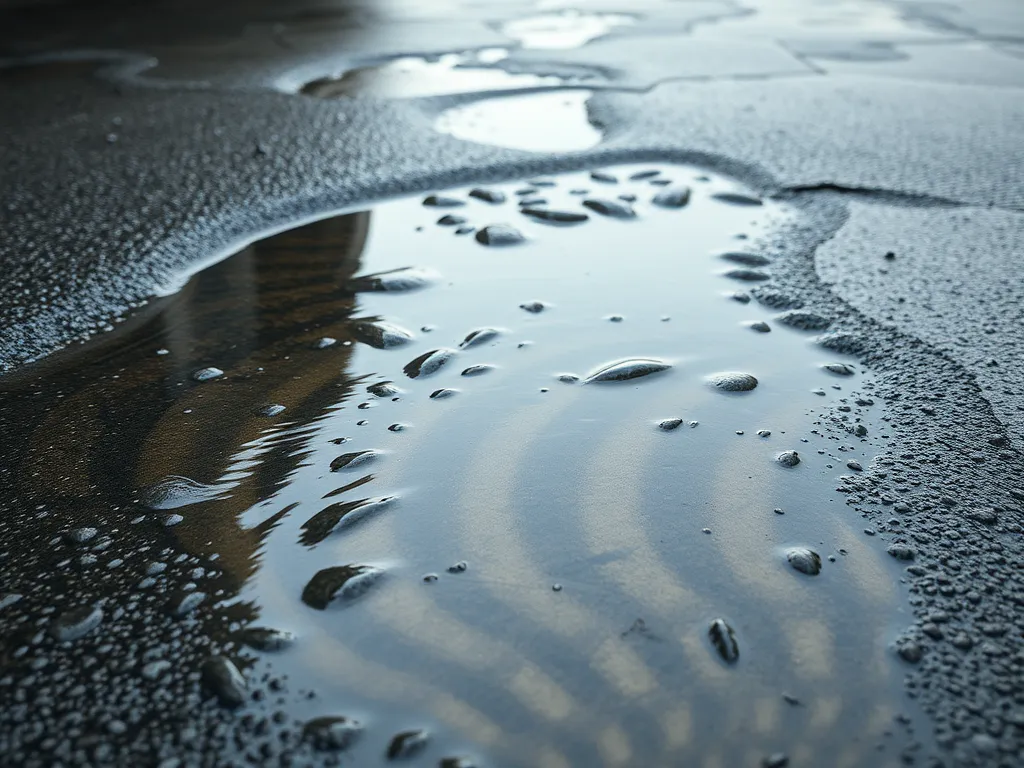 Puddle of water on freshly installed asphalt surface highlighting improper drainage in asphalt driveway installation.