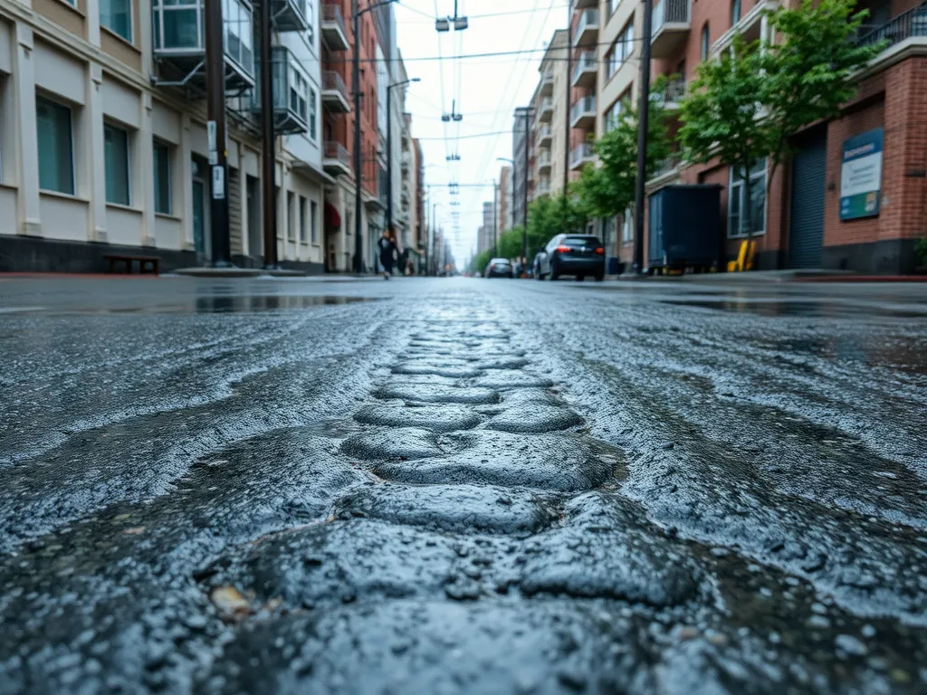 Wet cobblestone street reflecting community efforts to address asphalt noise