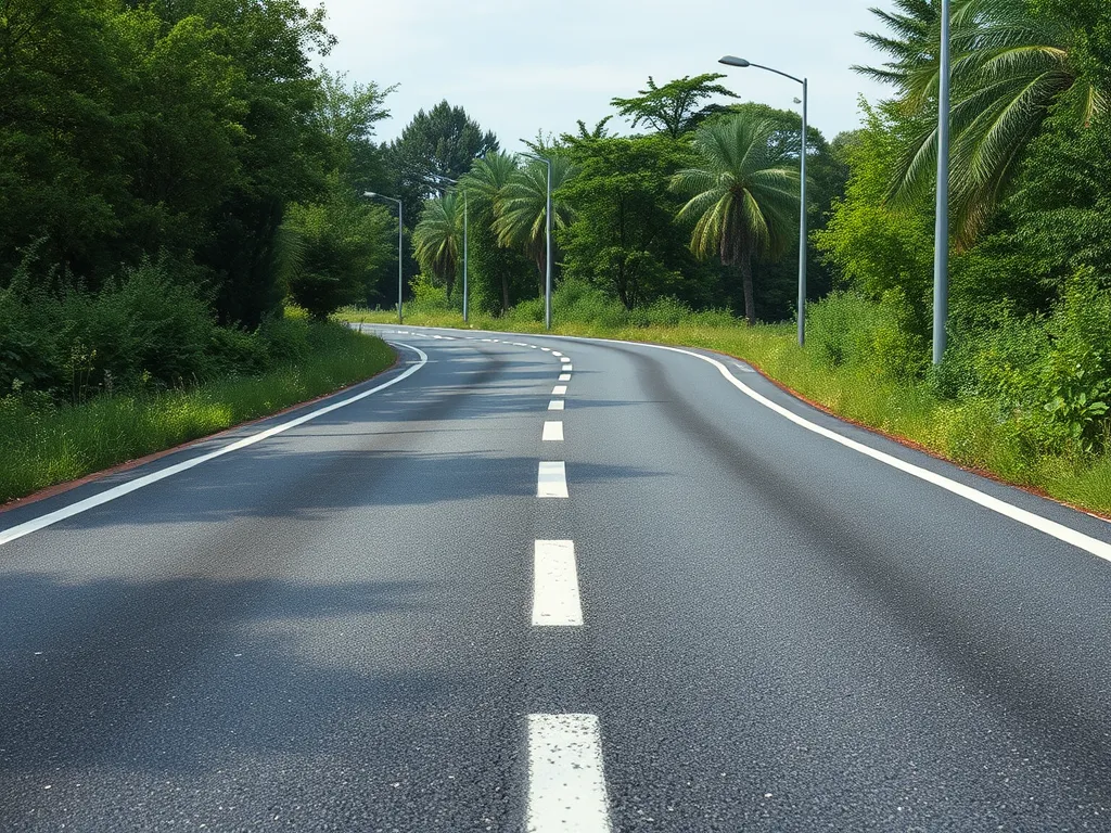 A smooth asphalt road surrounded by greenery, illustrating a community's response to asphalt noise initiatives