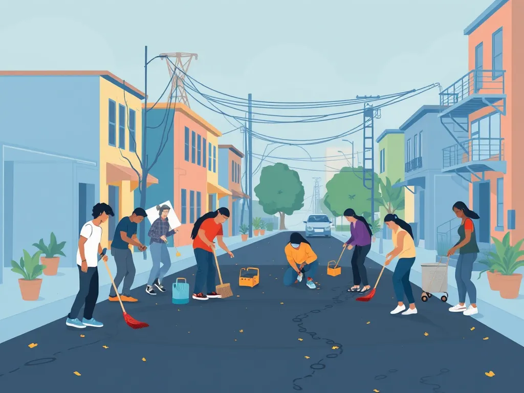 Community members collaborating on an asphalt project to enhance local streets.