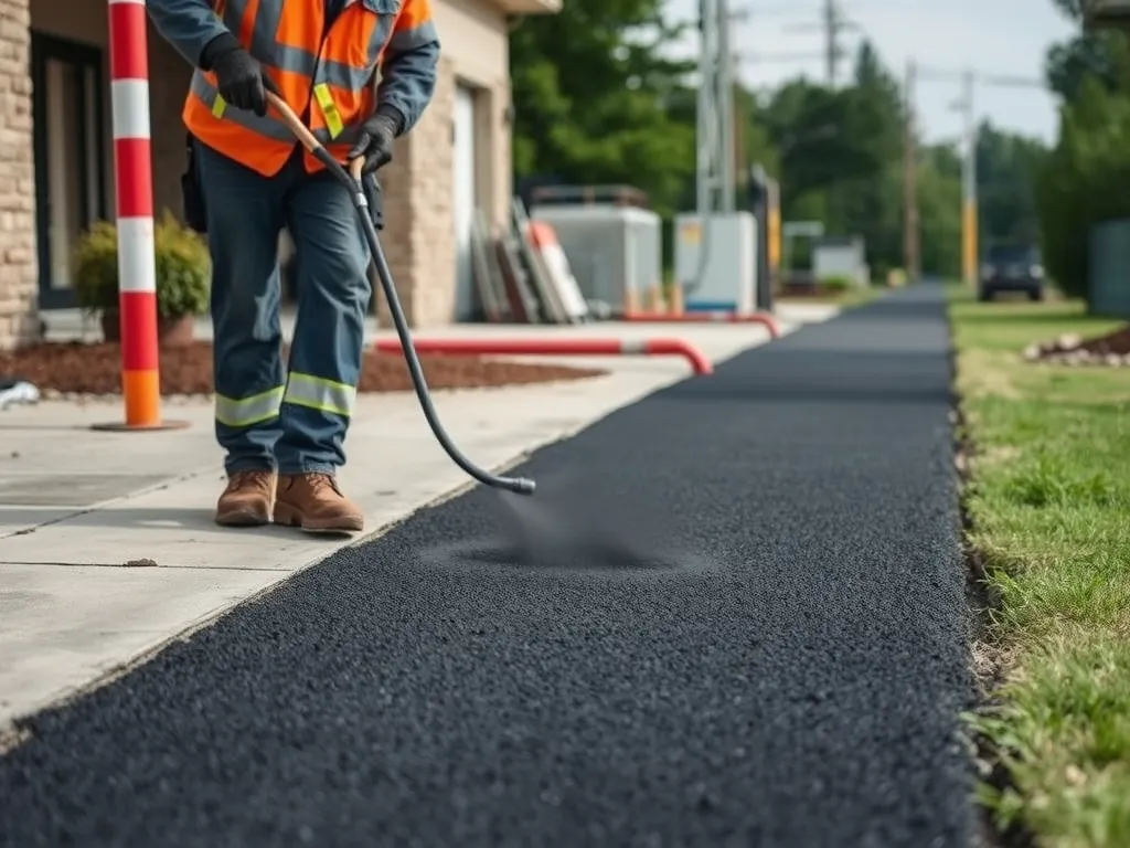 Worker pouring concrete over asphalt surface for pavement project.