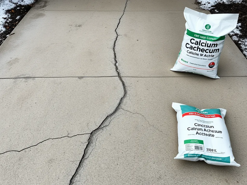 A cracked concrete driveway with repair materials, illustrating the differences between concrete and asphalt driveways.