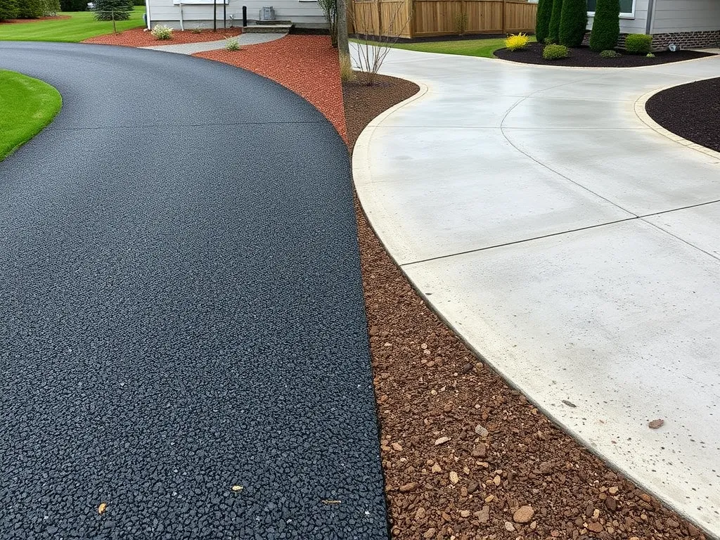 Side-by-side comparison of asphalt and concrete driveways highlighting differences