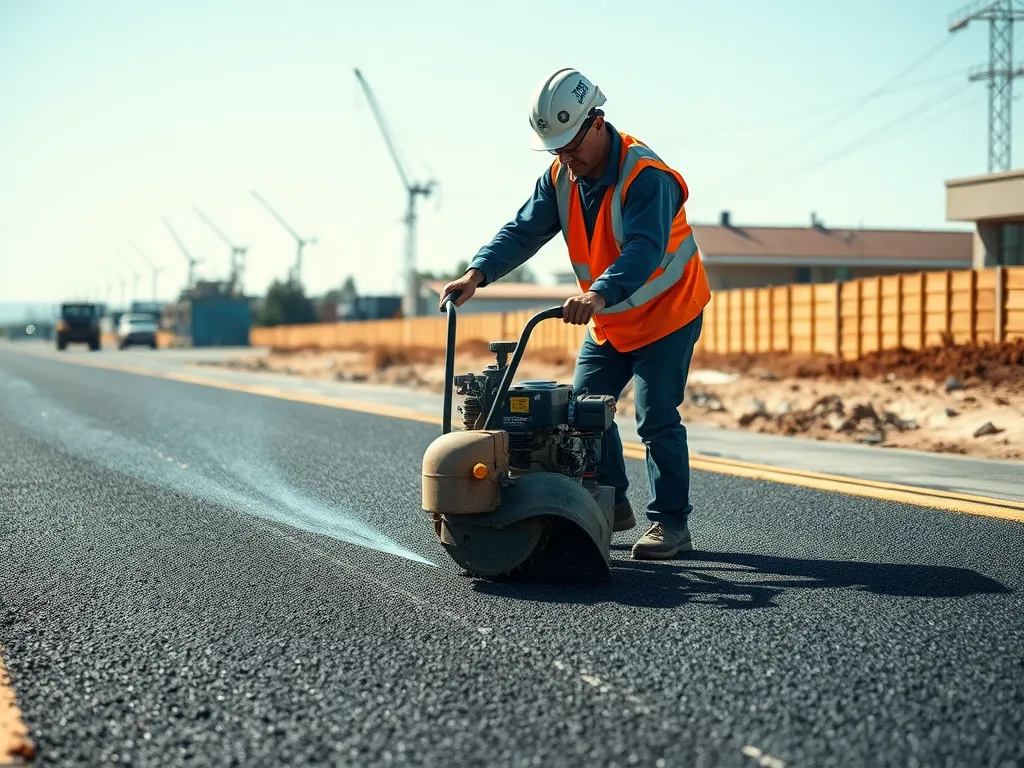 Worker cutting asphalt using a machine in a road construction site