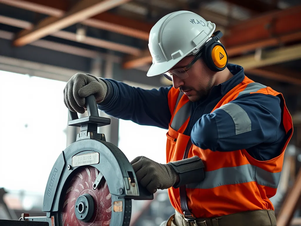 A worker using a concrete saw to cut asphalt safely