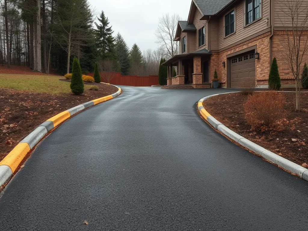 Freshly repaired asphalt driveway showcasing smooth surface and curved edges for DIY asphalt driveway repair.