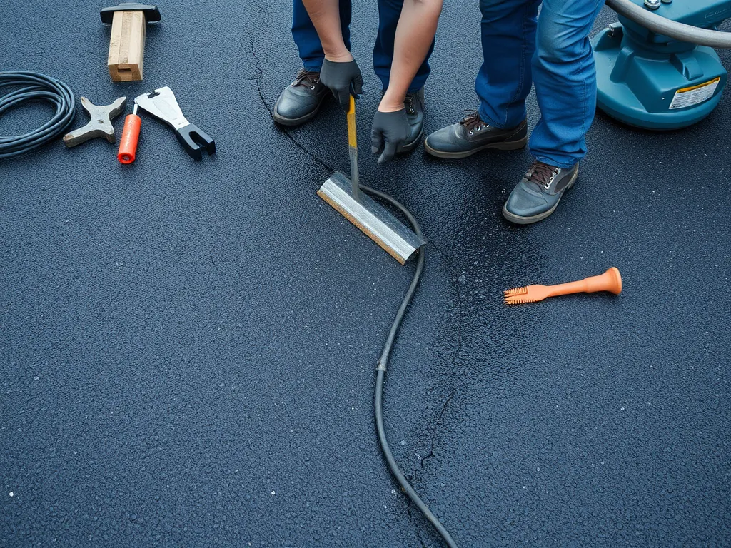 A person repairing an asphalt driveway using tools for DIY asphalt driveway repair.