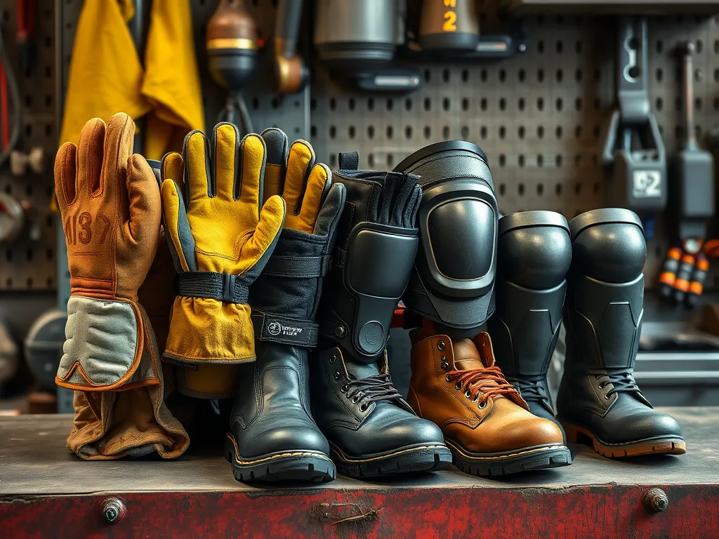 Work gloves, knee pads, and boots for DIY asphalt driveway repair.