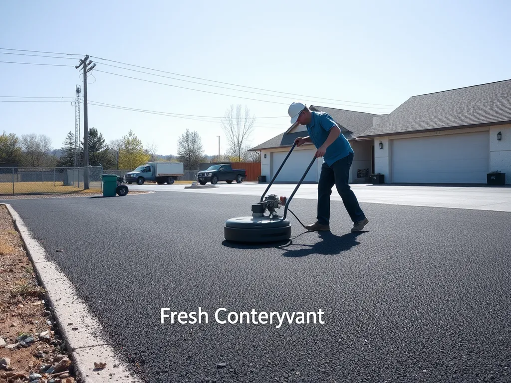 Person using a driveway sealer machine for DIY asphalt project