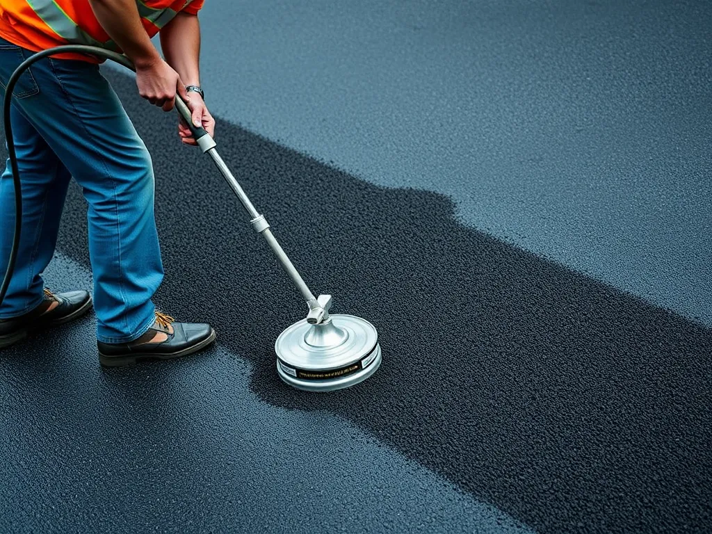 Person applying sealant on asphalt driveway for DIY asphalt maintenance