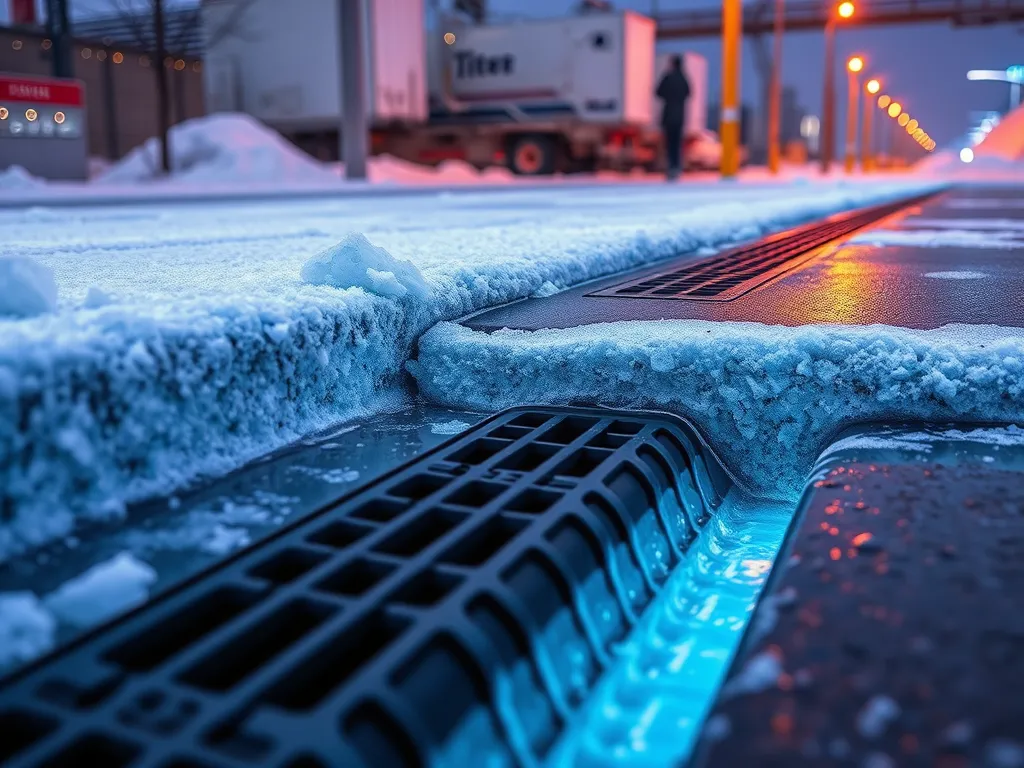 Close-up of asphalt drainage system with snow, emphasizing maintenance tips for DIY asphalt care.