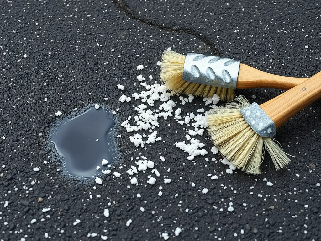 Brushes and debris on asphalt surface for DIY asphalt maintenance