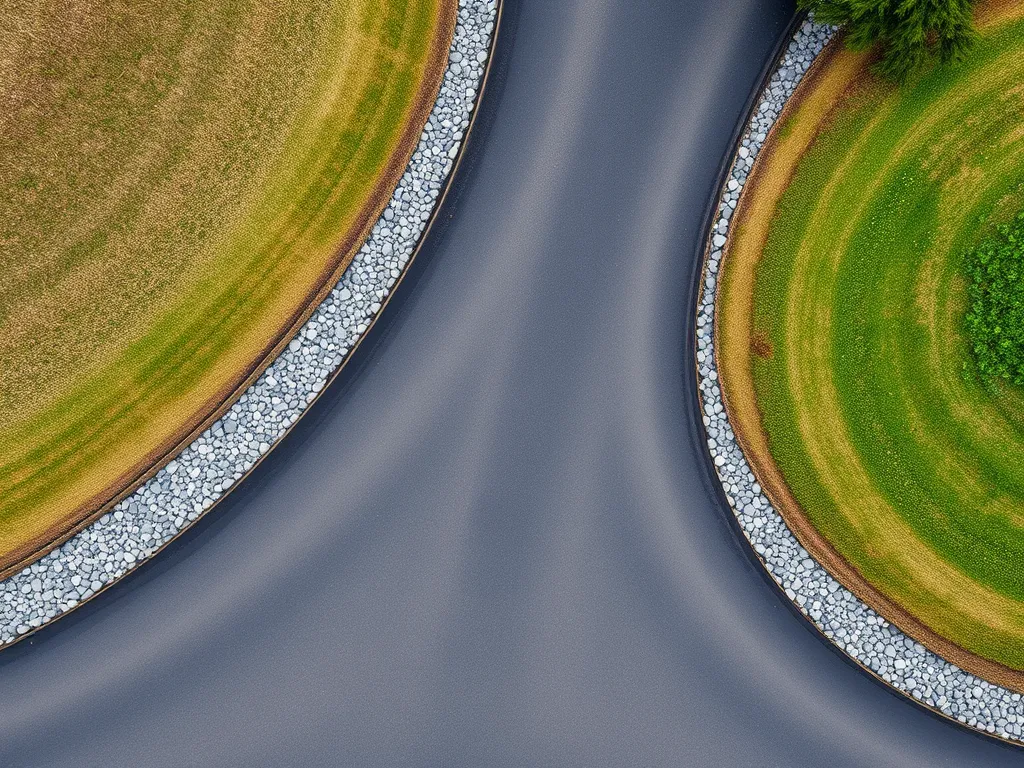 Aerial view of a circular asphalt driveway with landscaping.