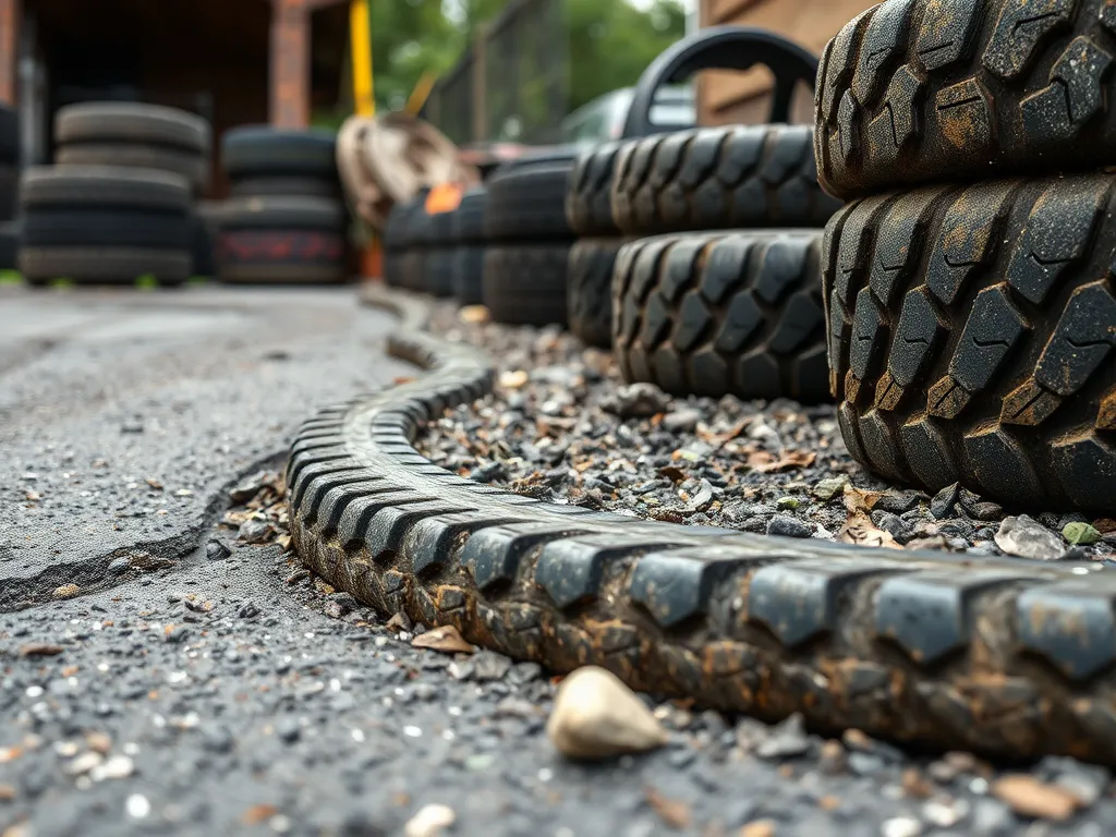Piles of old tires used for DIY driveway repair workshops, showcasing community resources.