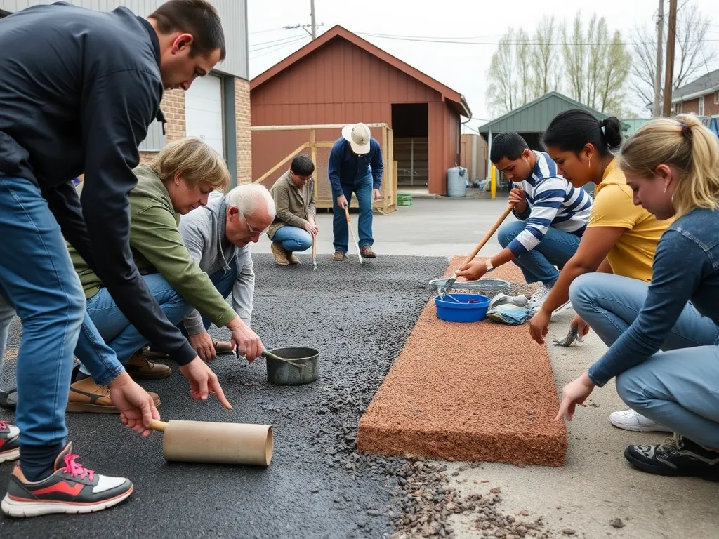 Community members engaged in a DIY driveway repair workshop, learning techniques for asphalt repair.