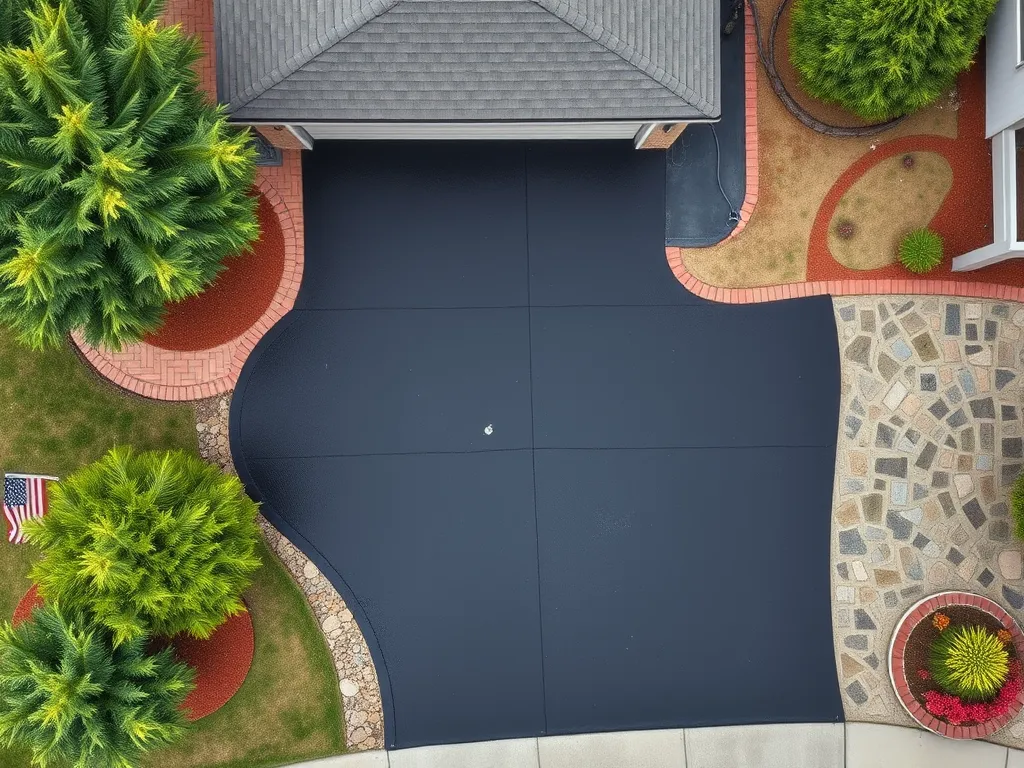 Aerial view of a freshly repaired driveway showcasing professional DIY techniques.