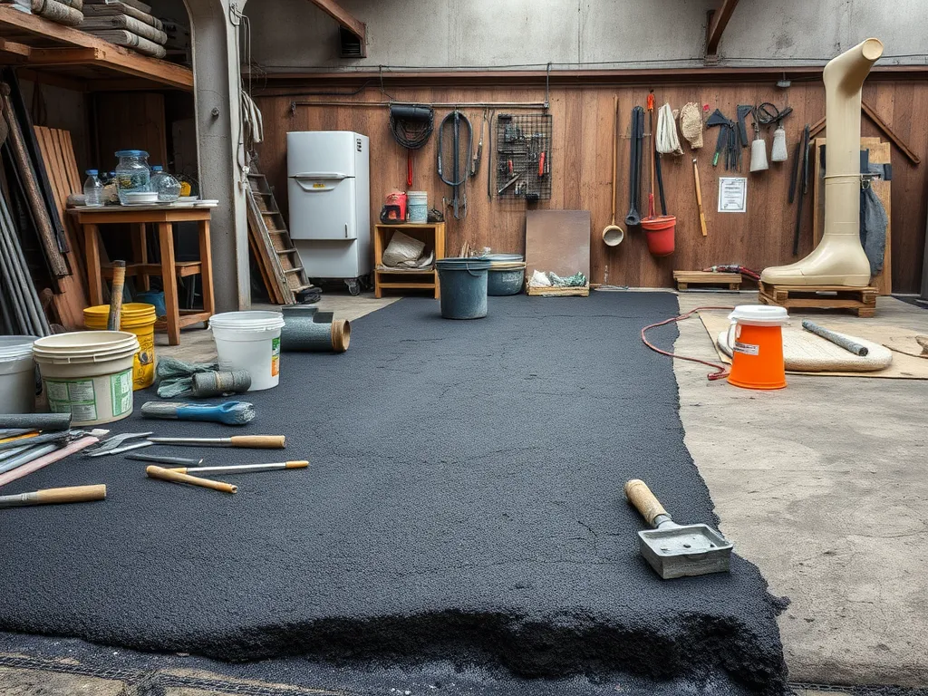 A DIY driveway repair workshop setup with materials and tools for repairing driveways.