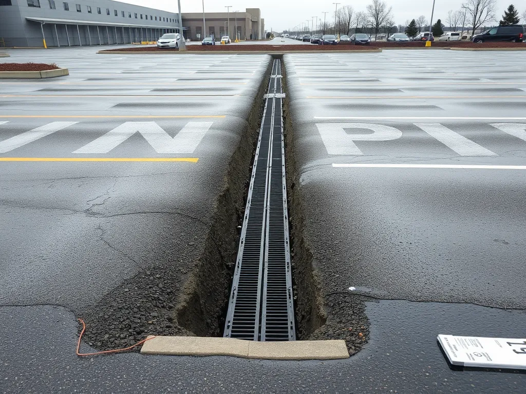 Drainage system installed in asphalt surface to prevent water accumulation