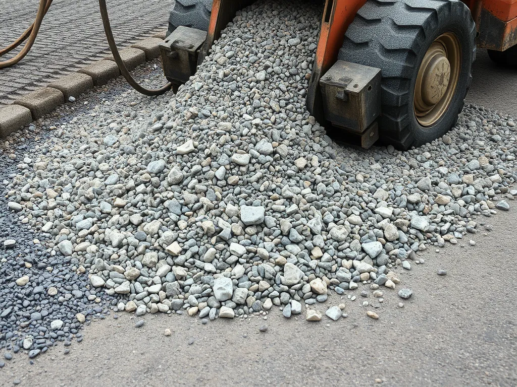A view of gravel being deposited for driveway base preparation, highlighting effective compaction techniques.
