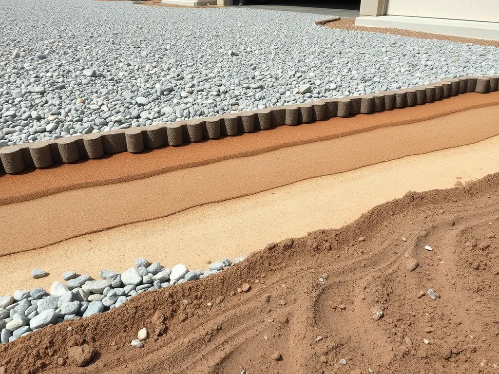 Different types of base materials for driveway construction including gravel and sand.