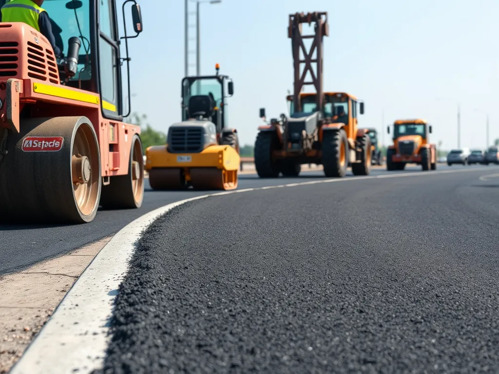 Construction equipment laying base materials for driveways