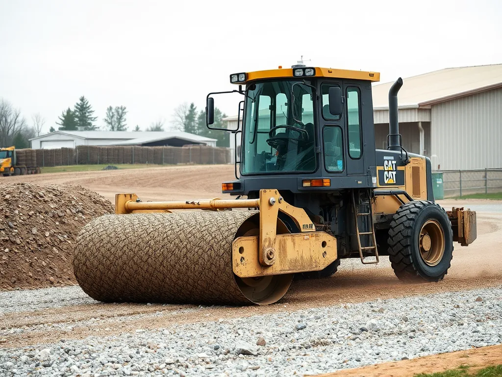 A heavy roller compactor on a gravel surface for driveway base preparation.