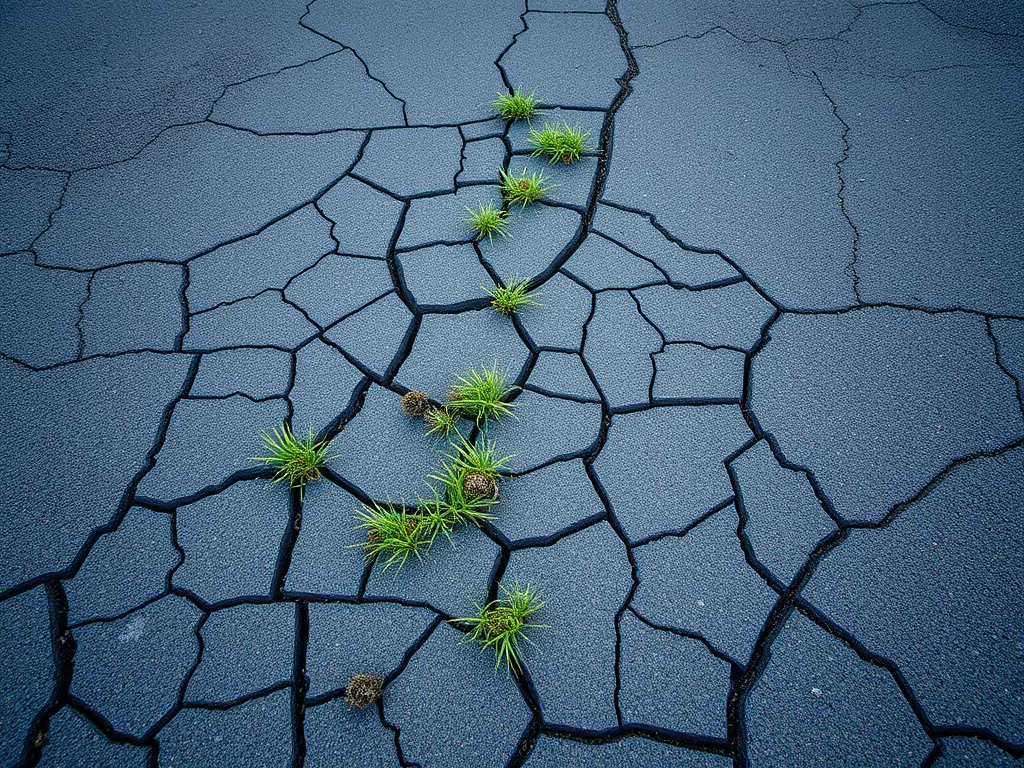 Cracked driveway with grass growing in the fissures, highlighting common driveway maintenance issues.