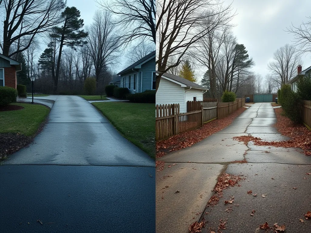 Before and after comparison of driveway maintenance, illustrating common myths about upkeep.