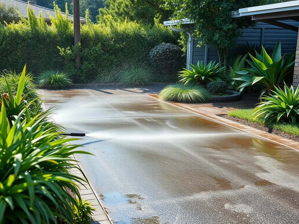 Water spraying on a driveway for effective driveway maintenance.