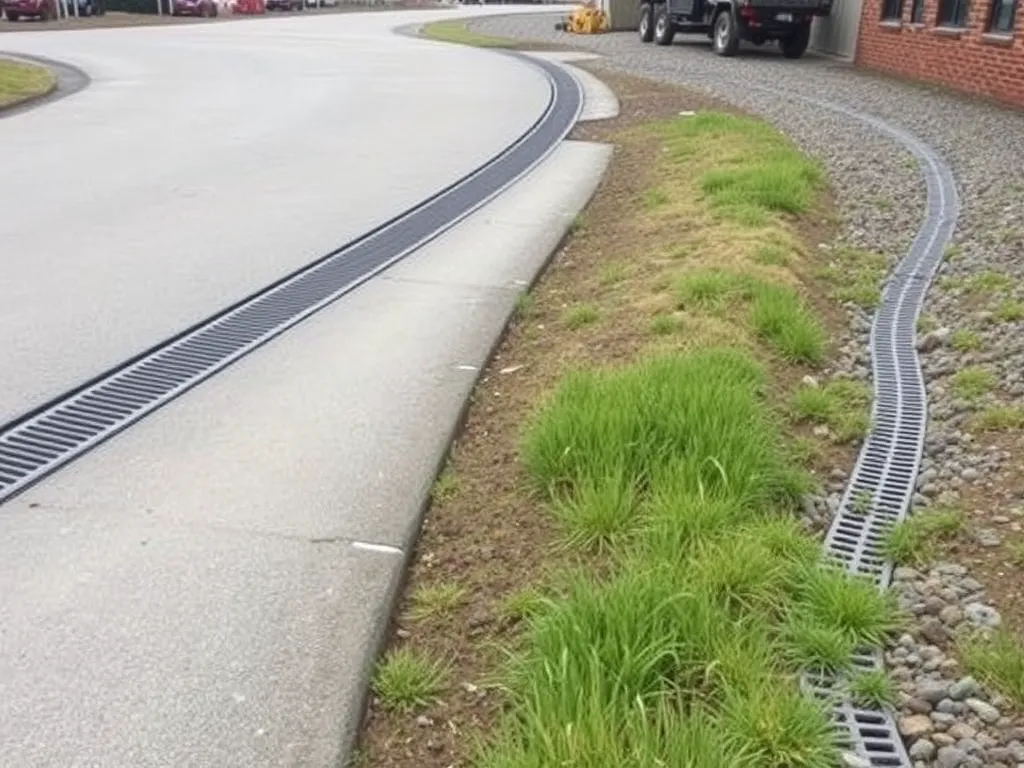 Asphalt driveway showcasing durability with proper drainage alongside green grass