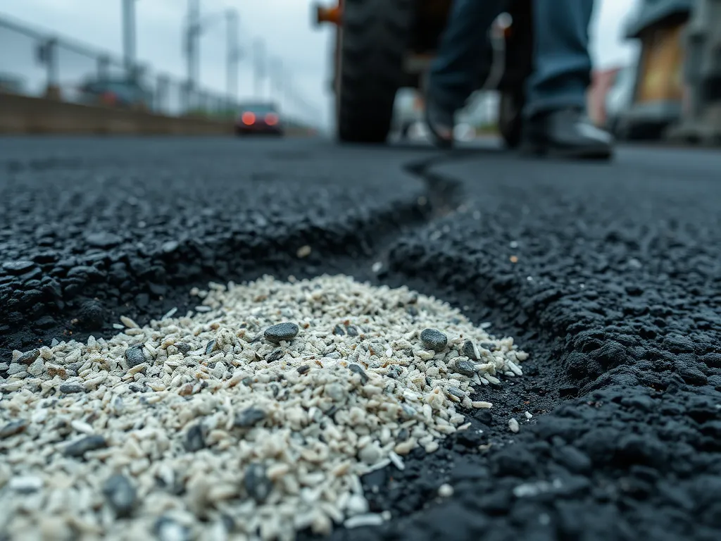 Cold mix asphalt repairs showing durability with aggregate on a cracked surface.