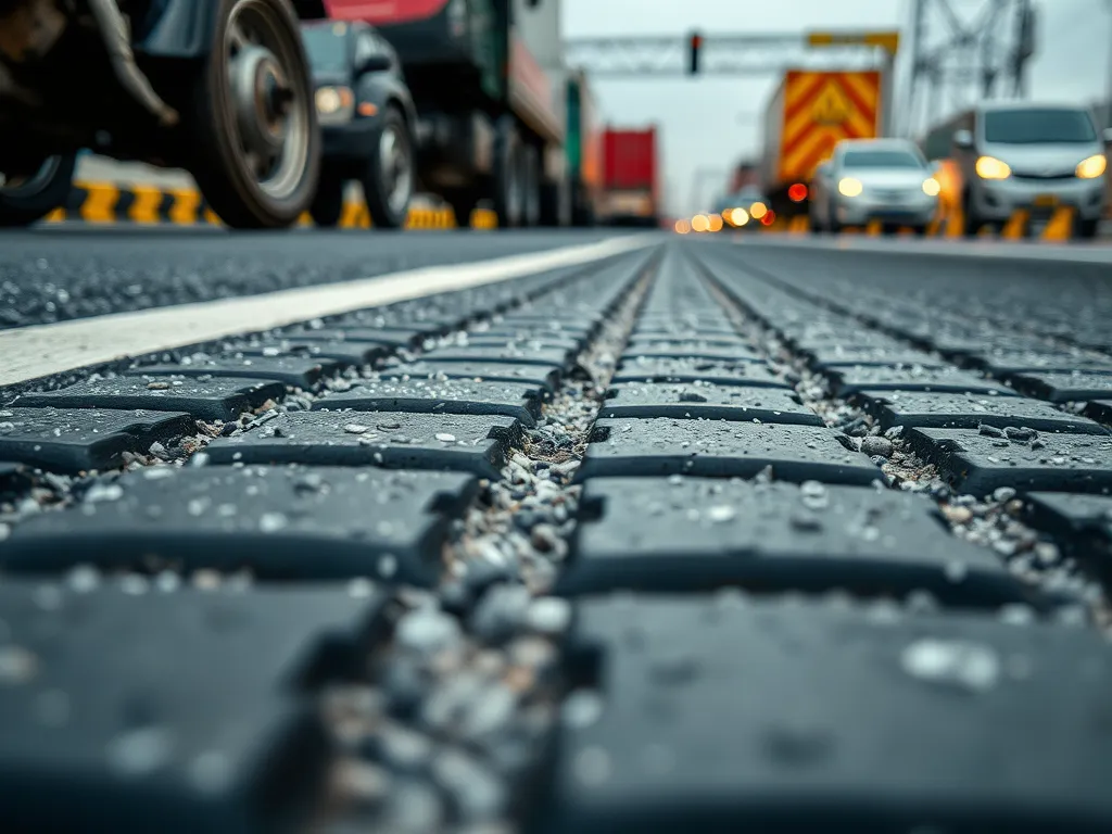 Close-up of eco-friendly asphalt with water droplets, showcasing sustainable road surfaces.