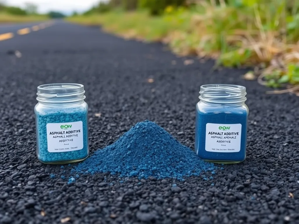 Two jars of eco-friendly asphalt additives on a pavement, showcasing sustainable materials for asphalt production.