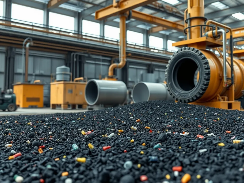 A close-up of black asphalt material mixed with colorful eco-friendly additives in a manufacturing facility.