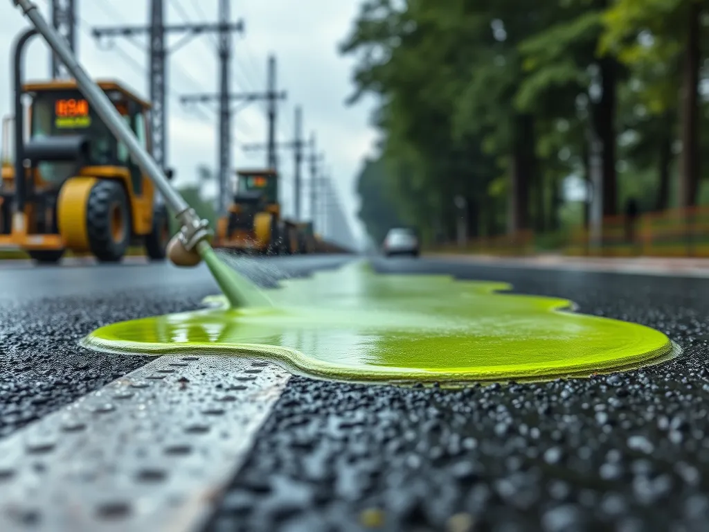 Application of eco-friendly sealant on a road surface, demonstrating sustainable infrastructure solutions.