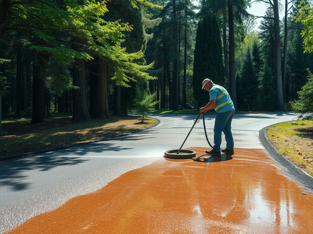A worker applying eco-friendly sealant on a forest road, promoting sustainable sealing solutions.