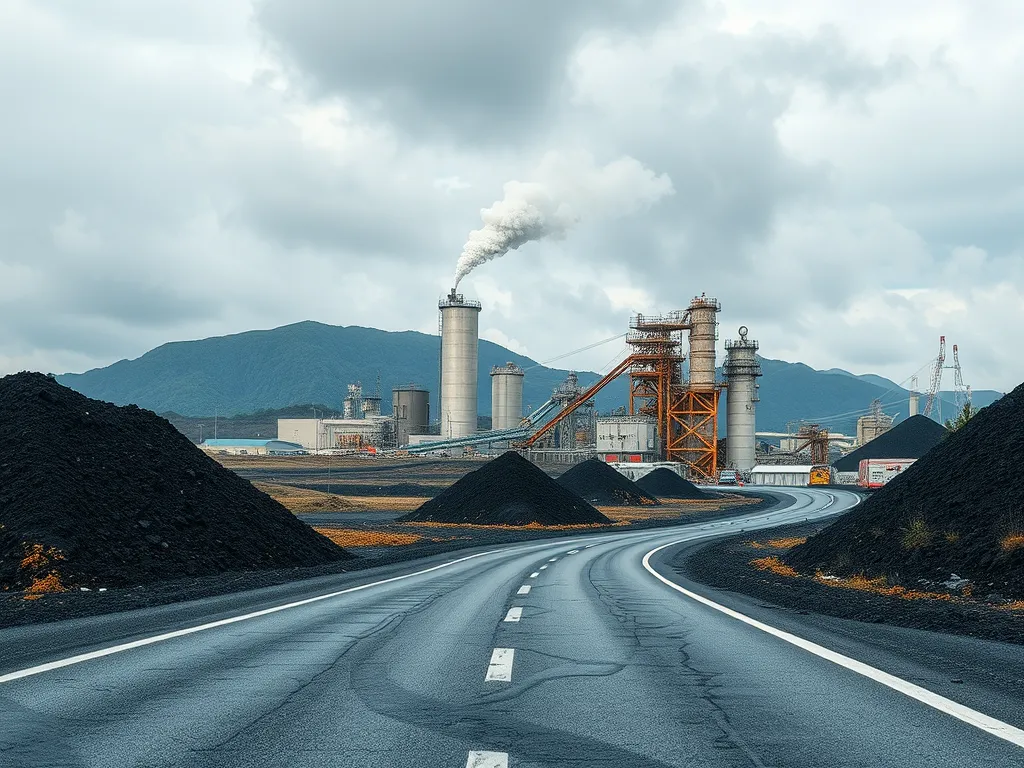 Asphalt plant with smokestacks and a winding road representing the economic impact of asphalt infrastructure.