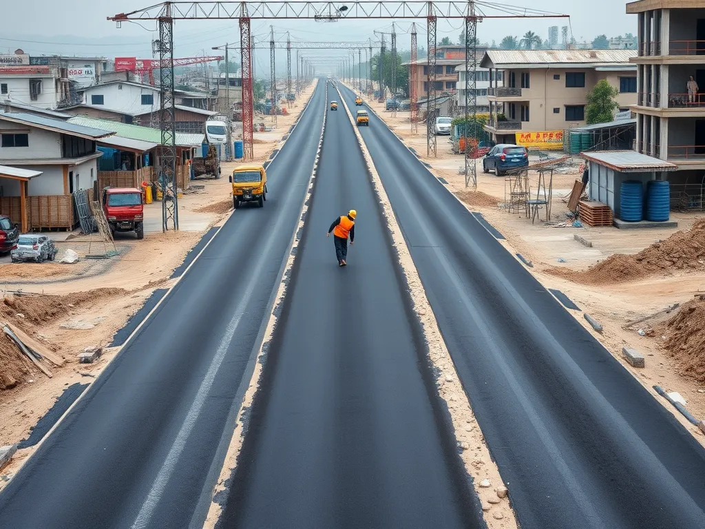 Worker applying asphalt on a newly constructed road impacting local economies.