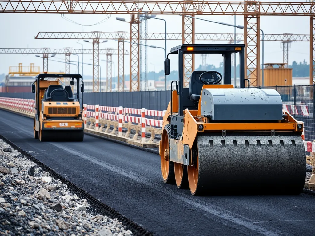 Construction vehicles applying warm mix asphalt on a road, highlighting its economic benefits.