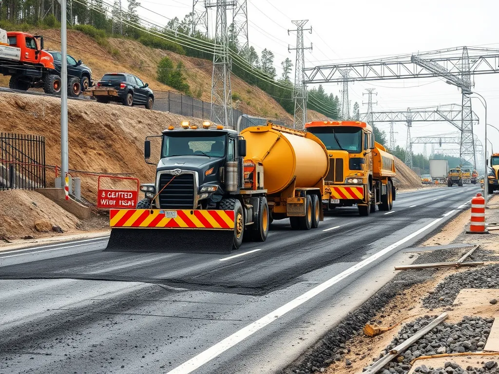 Trucks applying warm mix asphalt on a roadway, highlighting its economic impact.