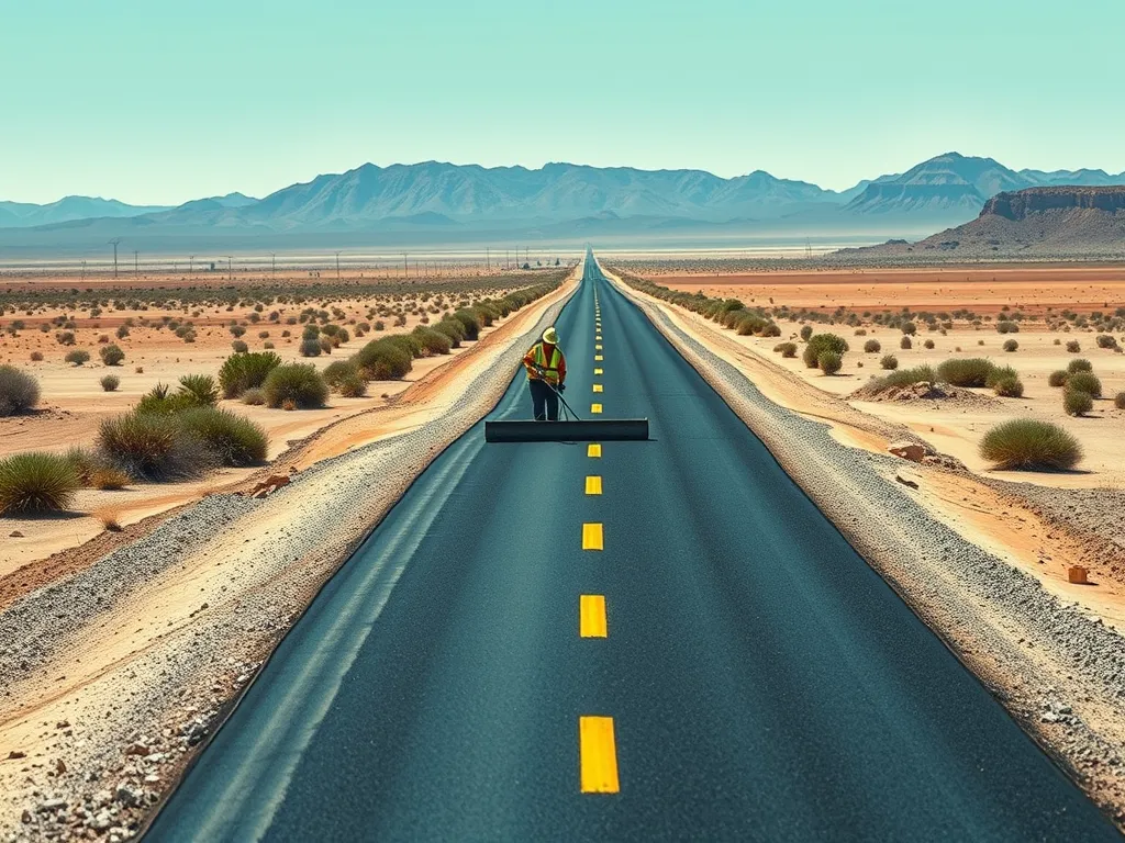 Worker applying asphalt on a newly constructed road in Egypt