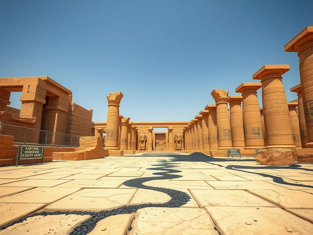 A view of an ancient Egyptian architectural site featuring asphalt paths, highlighting the use of asphalt in Egyptian applications.