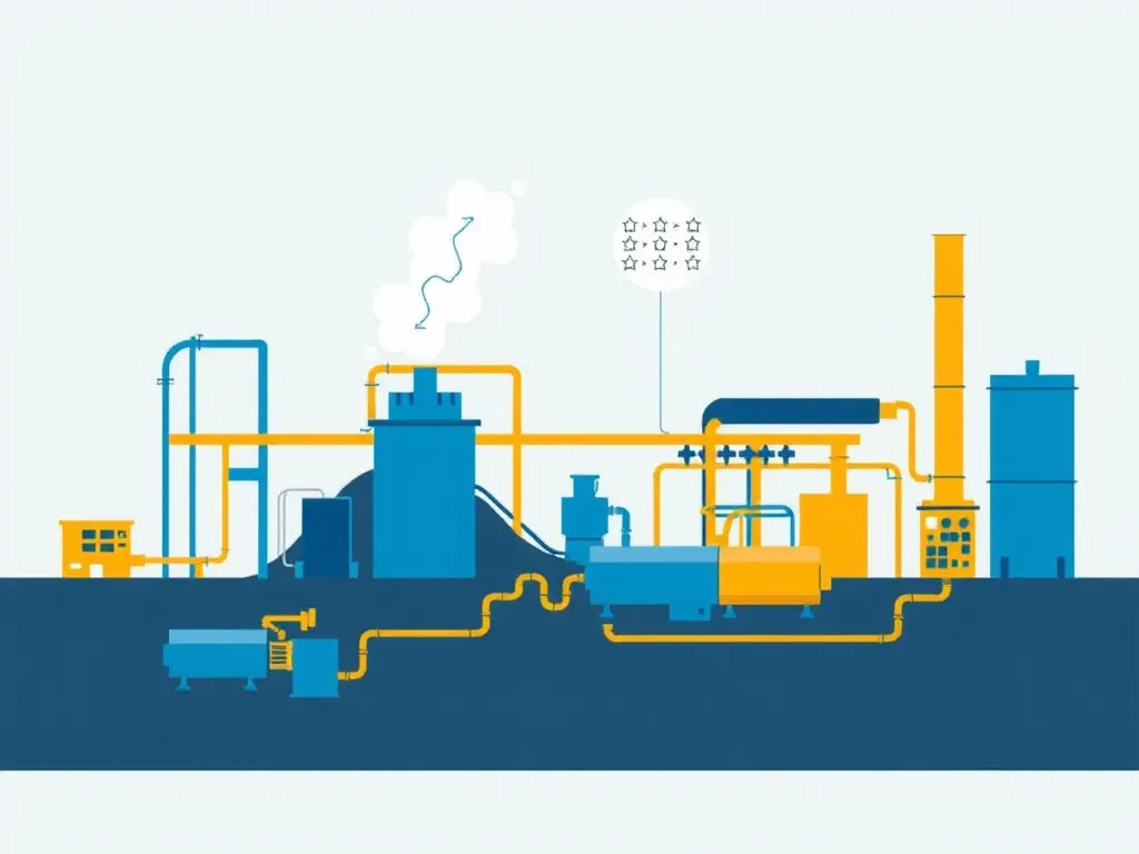 Illustration of energy consumption processes in asphalt manufacturing, showcasing equipment and pipelines.