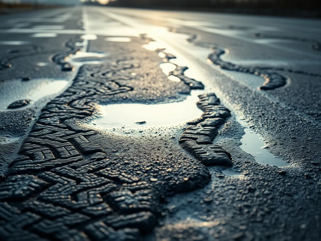 Close-up of fresh asphalt with tire tracks and water, highlighting potential tire damage.