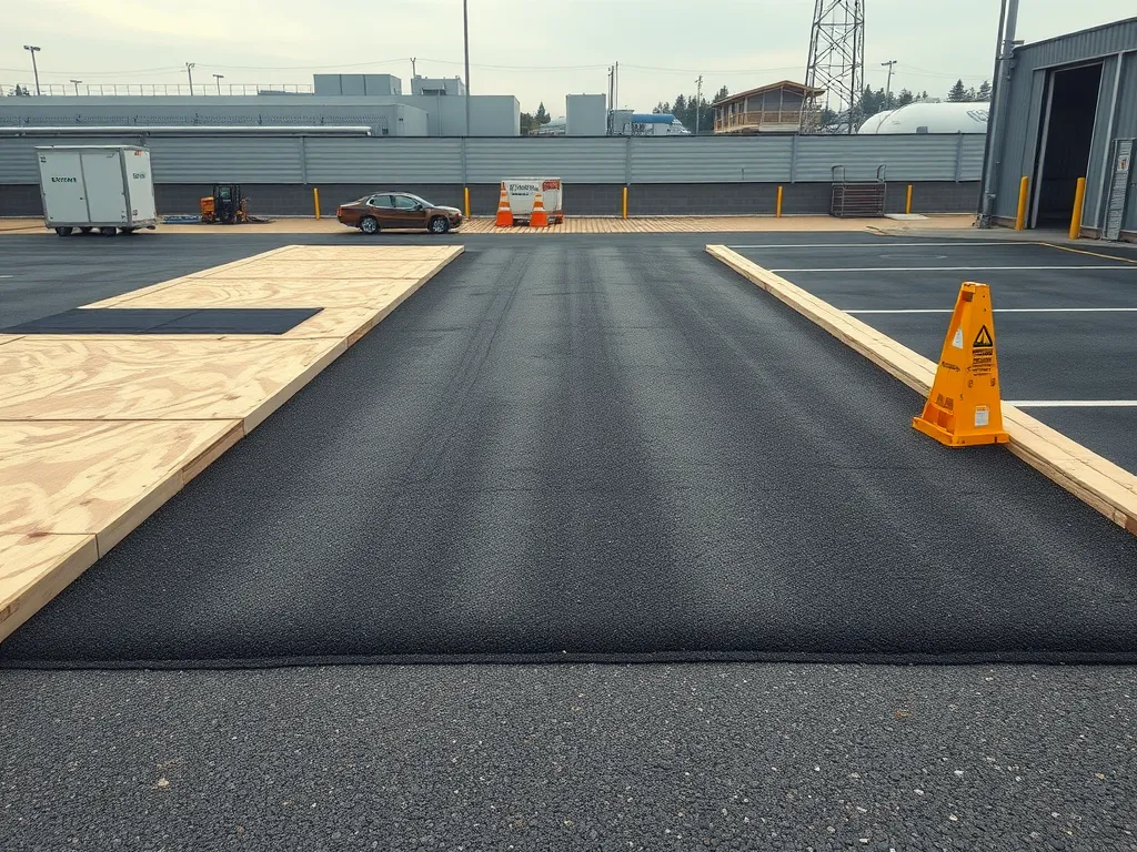 Freshly laid asphalt road with caution signs and wooden boards indicating restrictions on driving.