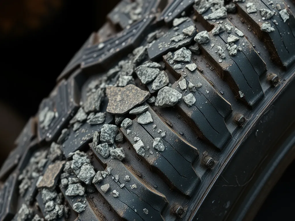 Close-up of a tire showing gravel and asphalt debris, related to tire damage concerns.