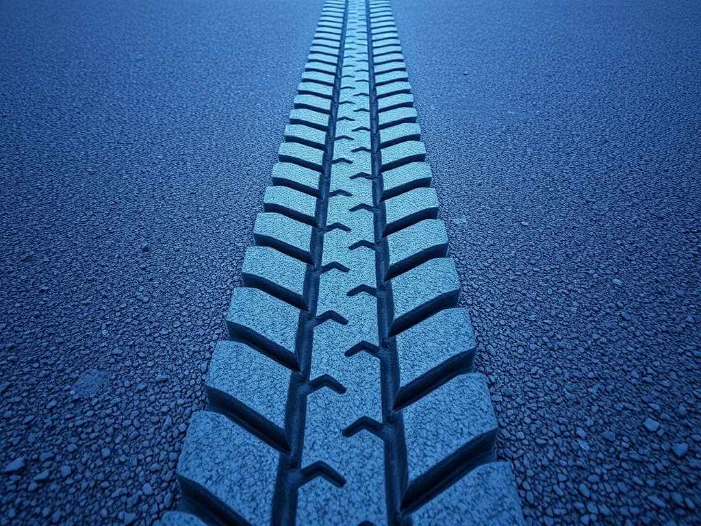 Close-up of tire tread on fresh asphalt, highlighting potential damage to tires.