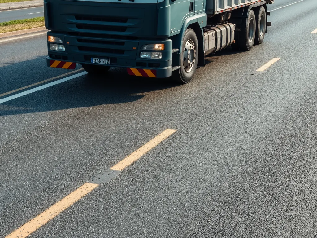 Truck driving on fresh asphalt road, highlighting the surface conditions and driving restrictions.