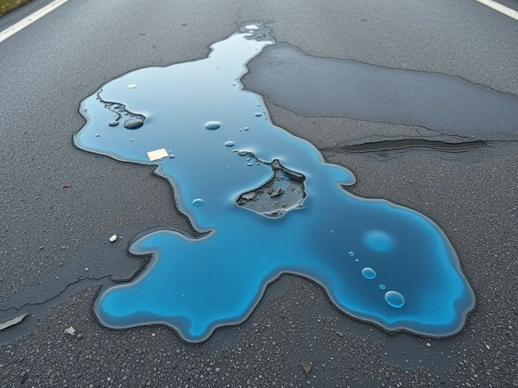 Puddle of liquid on asphalt surface demonstrating the potential damage caused by gas spills.