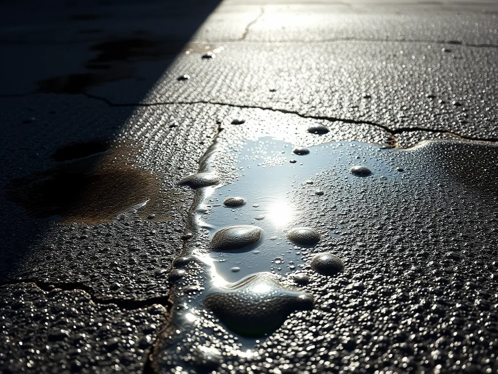 Pooled gas on asphalt showing effects of gas on the surface.